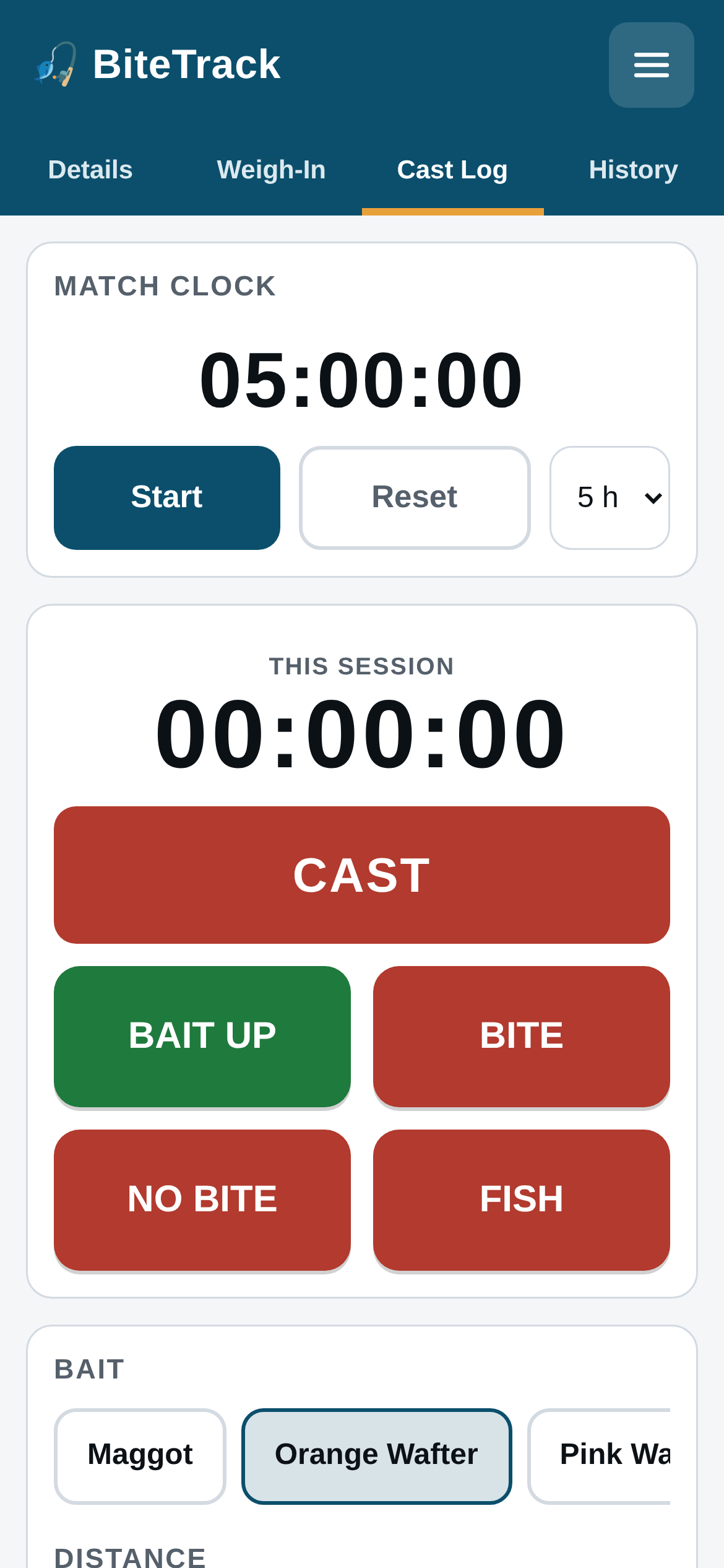BiteTrack cast log screen